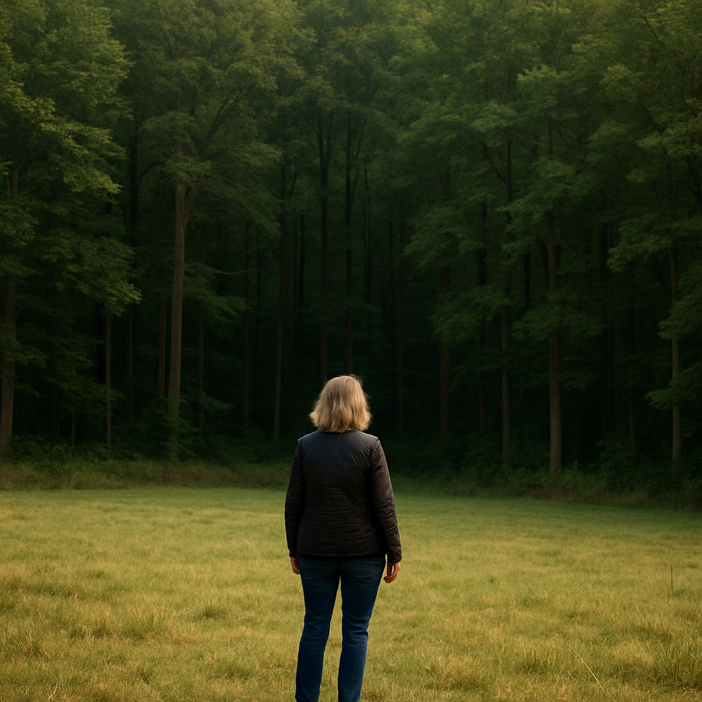 a woman whose inherited land and look at it on the side of the woods, do not show her face. Make her in her 40's-50's, dressed in modern day clothing. Looking into the woods. Be sure to show her entire body and make her seem small compared to the vast forest in front of her. Make her take up less than 1/4 of the entire image sizing, None