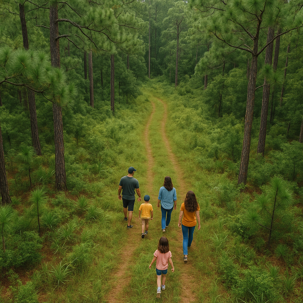 family of 5 hanging out and exploring in a southeastern forested landscape from an aerial POV. In a forested canopy with pine trees sterotypical of a forest in the US Southeast. Include a grassy trail, None