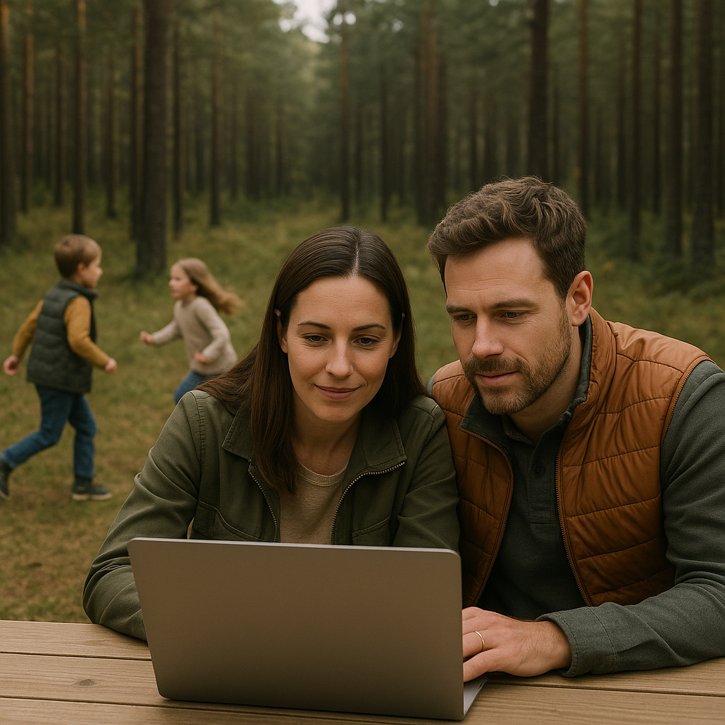 family looking for searching together on a computer while sitting outside looking in the woods or looking to the forest with a further out point of view, with the parents looking at the computer but kids playing in the background, None