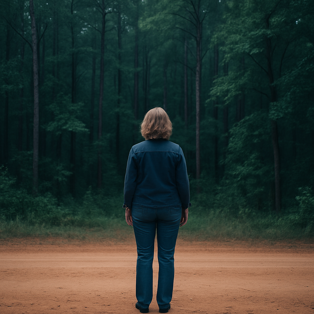 Create a woman standing in front of some forested land, her facing the woods where you cannot see her, aged 40-50's, wearing modern day clothing. Taking up no more than 1/4 of the image frame but so you can see her entire body. Make the forested land stereotypical of forests in the US Southeast. Be sure to have some teal/blue dark tones within the photo to blend with the branding color. Be sure the image is further out looking from a distance. Have her on a clay dirt road
, None